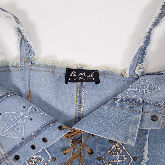 Vintage denim lace-up cropped camisole tank top denim embroidered embroidery - Picture 4 of 13